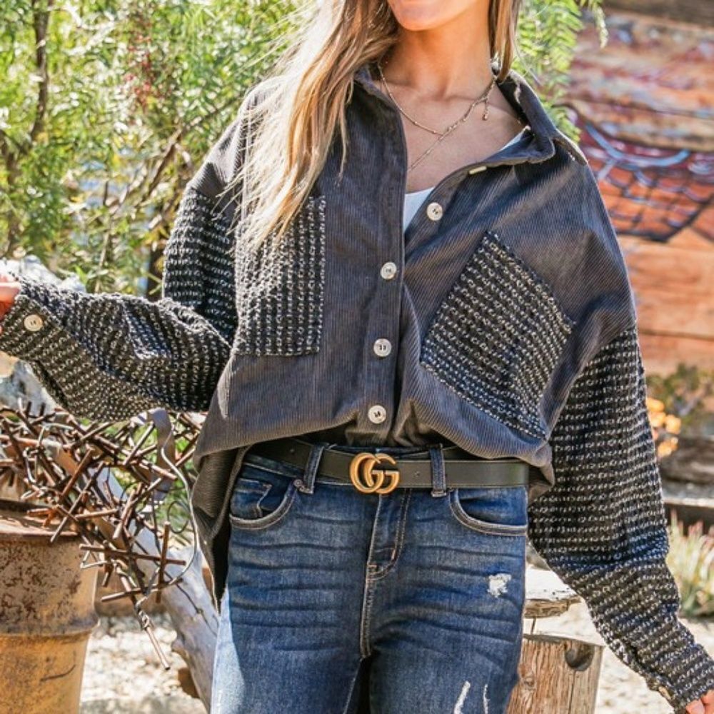 Cozy Corduroy Pockets Button Down Denim Jacket Shacket - Picture 7 of 14